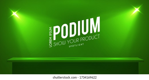 Show podium with spotlights. Presentation light effect. Illuminated winner place.