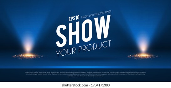 Mostrar podio con focos. Efecto de la luz de presentación. Lugar ganador iluminado.