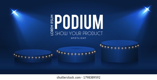 Mostrar podio con focos. Efecto de la luz de presentación. Lugar ganador iluminado.