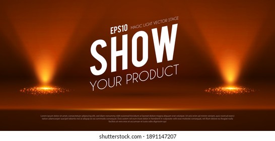 Show podium with spotlights. Presentation light effect. Illuminated winner place.