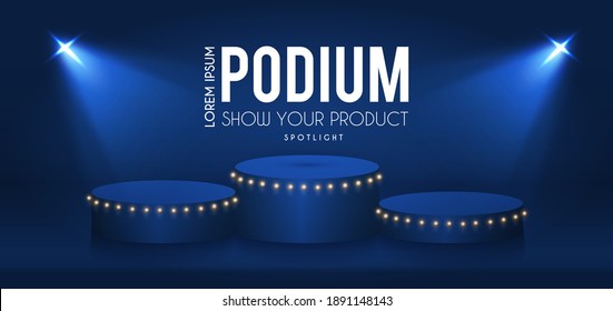 Show podium with spotlights. Presentation light effect. Illuminated winner place.