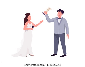 Show presenter and prize winner flat color vector faceless characters. Award ceremony isolated cartoon illustration for web graphic design and animation. Woman with microphone and man holding trophy