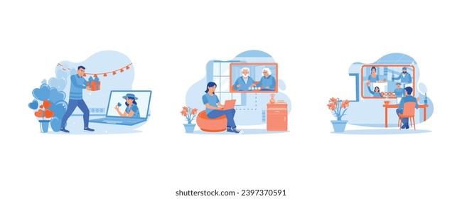 Show prizes online. Online call with his mother and father. Festive online celebration with friends. Virtual Relationships concept. Set Trend Modern vector flat illustration