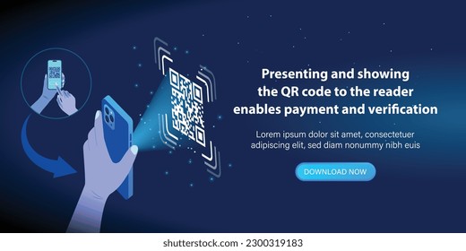 Show QR code on smartphone screen enables payment and verification. Scan QR codes with a mobile smartphone by hand. Present and show QR code to the reader. Vector.