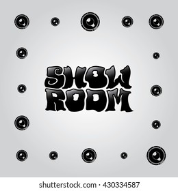 Show Room Glossy Black Lettering with the Speakers Composition Frame - Black White Objects on Grey Background - Hippie Graffity Hand Drawn Style
