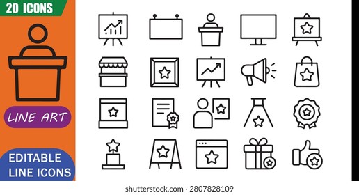 Show showcase icons set, 20 editable line art icons set, presentation, display, exhibition, promotion, branding, marketing, featured event, business expo, clean vector illustration signs