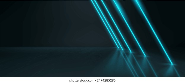 Show stage or catwalk with blue neon led lamp glow and reflections on black glossy floor. Realistic 3d vector illustration with abstract perspective tunnel corridor. Fashion runway room or podium.