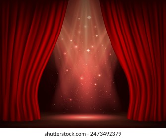 Show stage with red curtains. Realistic 3d vector background with elegant theatrical scarlet drapery with a glowing and mystical beams of light and floating stars, scene for grand performance or event