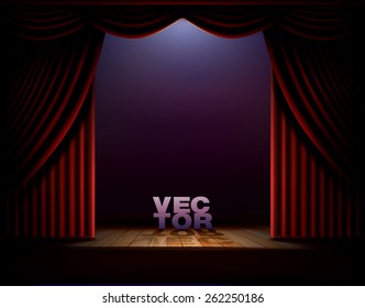 Show stage with red curtains and wooden floor. Vector template