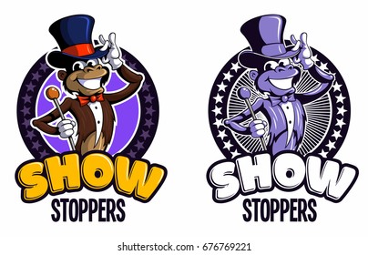 Show stoppers, cartoon style monkey with the cane and cylinder hat,
 vector logo