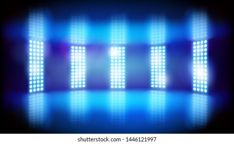 Show in a television studio. Lights on the stage. Blue background. Vector illustration.