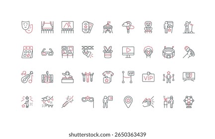 Show in theater and cinema, circus and amusement park, music festival line icon set. TV program on screen and movie, clown, discotheque, DJ party thin black and red symbols vector illustration