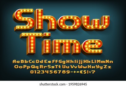 Show Time alphabet font. 3D letters, numbers and symbols with light bulbs. Uppercase and lowercase. Stock vector typescript for your design.