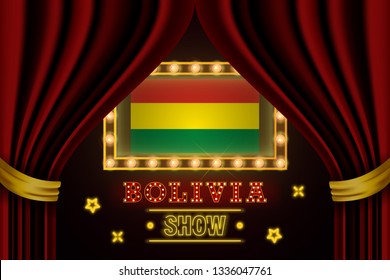 Show time board for performance, cinema, entertainment, roulette, poker of Bolivia country event. Shining light bulbs vintage of Bolivia country name