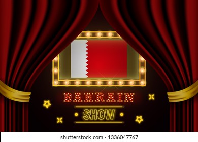 Show time board for performance, cinema, entertainment, roulette, poker of Bahrain country event. Shining light bulbs vintage of Bahrain country name