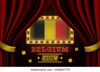 Show time board for performance, cinema, entertainment, roulette, poker of Belgium country event. Shining light bulbs vintage of Belgium country name