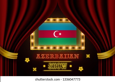 Show time board for performance, cinema, entertainment, roulette, poker of Azerbaijan country event. Shining light bulbs vintage of Azerbaijan country name