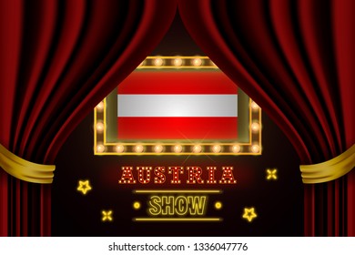 Show time board for performance, cinema, entertainment, roulette, poker of Austria country event. Shining light bulbs vintage of Austria country name