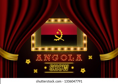 Show time board for performance, cinema, entertainment, roulette, poker of Angola country event. Shining light bulbs vintage of Angola country name