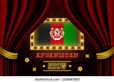 Show time board for performance, cinema, entertainment, roulette, poker of Afghanistan country event. Shining light bulbs vintage of Afghanistan country name