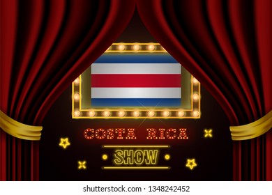 Show time board for performance, cinema, entertainment, roulette, poker of Costa Rica country event. Shining light bulbs vintage of Costa Rica country name