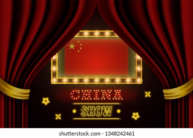 Show time board for performance, cinema, entertainment, roulette, poker of China country event. Shining light bulbs vintage of China country name