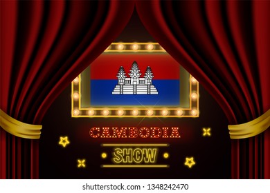 Show time board for performance, cinema, entertainment, roulette, poker of Cambodia country event. Shining light bulbs vintage of Cambodia country name