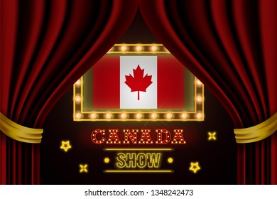 Show time board for performance, cinema, entertainment, roulette, poker of Canada country event. Shining light bulbs vintage of Canada country name