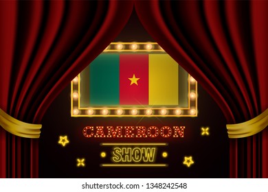 Show time board for performance, cinema, entertainment, roulette, poker of Cameroon country event. Shining light bulbs vintage of Cameroon country name