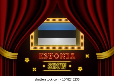 Show time board for performance, cinema, entertainment, roulette, poker of Estonia country event. Shining light bulbs vintage of Estonia country name