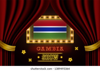 Show time board for performance, cinema, entertainment, roulette, poker of Gambia country event. Shining light bulbs vintage of Gambia country name