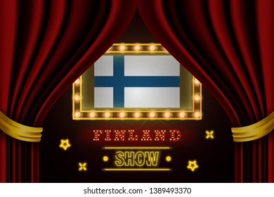 Show time board for performance, cinema, entertainment, roulette, poker of Finland country event. Shining light bulbs vintage of Finland country name