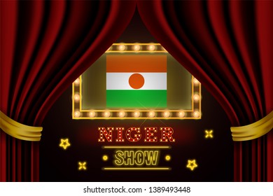Show time board for performance, cinema, entertainment, roulette, poker of Niger country event. Shining light bulbs vintage of Niger country name