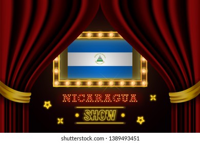 Show time board for performance, cinema, entertainment, roulette, poker of Nicaragua country event. Shining light bulbs vintage of Nicaragua country name