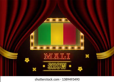 Show time board for performance, cinema, entertainment, roulette, poker of Mali country event. Shining light bulbs vintage of Mali country name