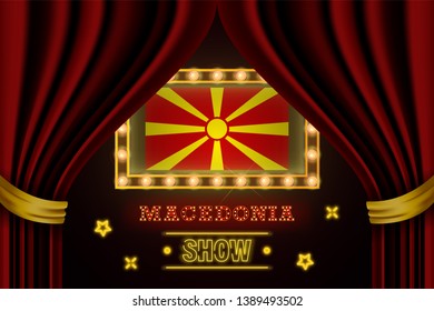 Show time board for performance, cinema, entertainment, roulette, poker of Macedonia country event. Shining light bulbs vintage of Macedonia country name
