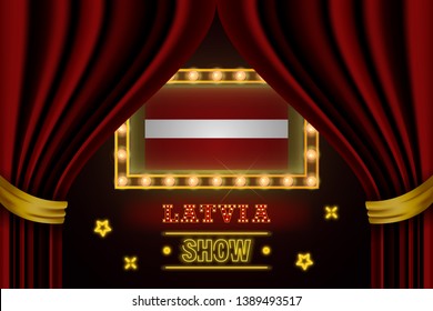 Show time board for performance, cinema, entertainment, roulette, poker of Latvia country event. Shining light bulbs vintage of Latvia country name