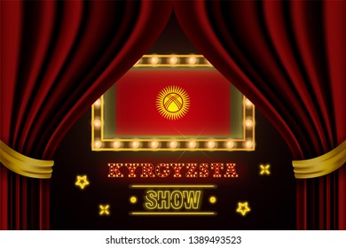 Show time board for performance, cinema, entertainment, roulette, poker of Kyrgyzstan country event. Shining light bulbs vintage of Kyrgyzstan country name