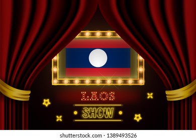 Show time board for performance, cinema, entertainment, roulette, poker of Laos country event. Shining light bulbs vintage of Laos country name