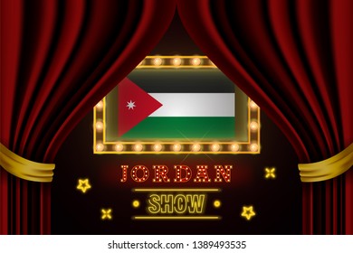 Show time board for performance, cinema, entertainment, roulette, poker of Jordan country event. Shining light bulbs vintage of Jordan country name