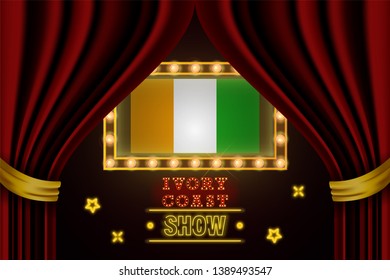 Show time board for performance, cinema, entertainment, roulette, poker of Ivory Coast country event. Shining light bulbs vintage of Ivory Coast country name