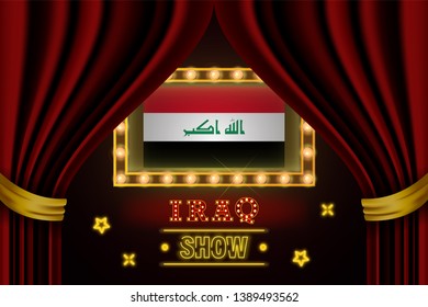 Show time board for performance, cinema, entertainment, roulette, poker of Iraq country event. Shining light bulbs vintage of Iraq country name