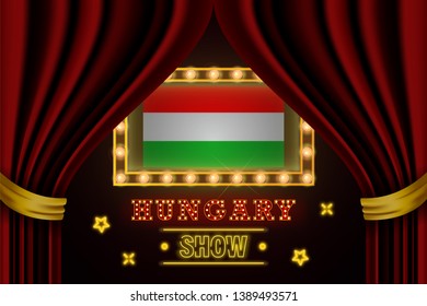 Show time board for performance, cinema, entertainment, roulette, poker of Hungary country event. Shining light bulbs vintage of Hungary country name