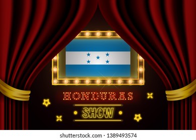 Show time board for performance, cinema, entertainment, roulette, poker of Honduras country event. Shining light bulbs vintage of Honduras country name