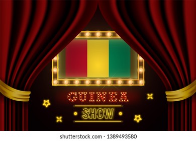 Show time board for performance, cinema, entertainment, roulette, poker of Guinea country event. Shining light bulbs vintage of Guinea country name