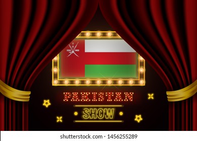 Show time board for performance, cinema, entertainment, roulette, poker of Oman country event. Shining light bulbs vintage of Oman country name