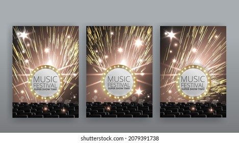 Show time, Cinema and Theatre beautiful flyer. Shining light bulbs vintage and luxury festival flyer  templates, golden realistic vector, music glowing vintage poster design