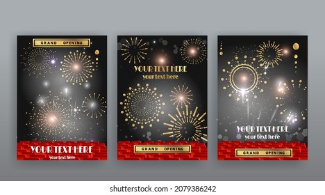 Show time, Cinema and Theatre hall with seats  red velvet curtains. Shining light bulbs vintage and luxury festival flyer  templates, golden realistic vector, music glowing vintage poster design