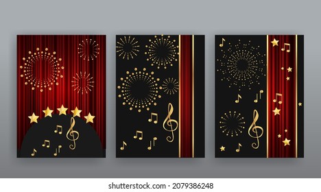 Show time, Cinema and Theatre hall with seats  red velvet curtains. Shining light bulbs vintage and luxury festival flyer  templates, golden realistic vector, music glowing vintage poster design