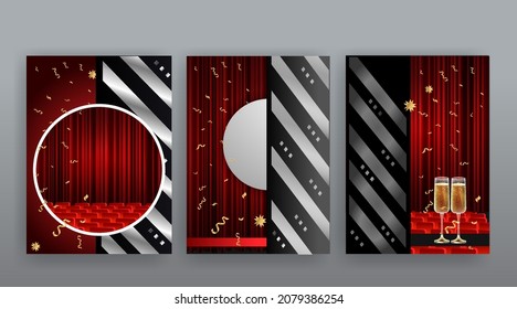 Show time, Cinema and Theatre hall with seats  red velvet curtains. Shining light bulbs vintage and luxury festival flyer  templates, golden realistic vector, music glowing vintage poster design